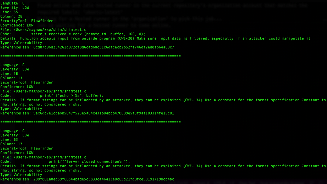 Some of the Horusec scan results using Flawfinder for the Mono XSP repo.