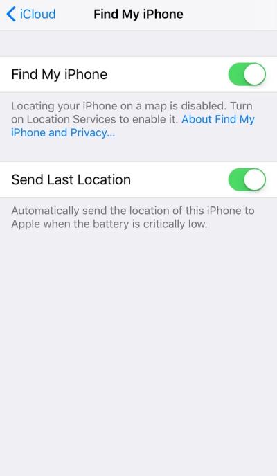 Figure 3. Screenshot of Find My iPhone turned on