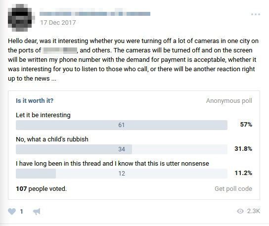 Figure 7. Poll for turning off cameras in a city and asking for ransom from victims
