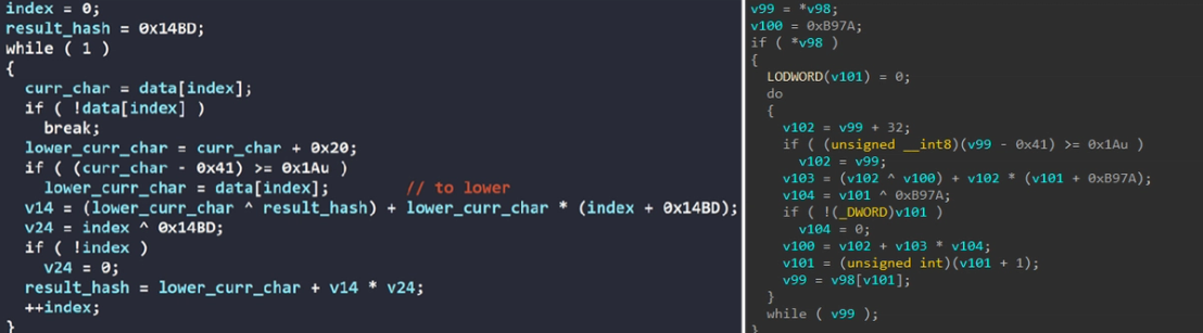 Figure 20. Similarities of hashing algorithm of string of LockBit 4.0 (left – screenshot from chuong dong blog) and LockBit 5.0 (right) 