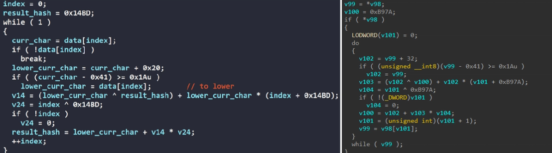 Figure 20. Similarities of hashing algorithm of string of LockBit 4.0 (left – screenshot from chuong dong blog) and LockBit 5.0 (right)
