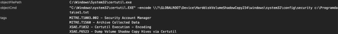 Trend Micro Vision One logs the extraction of the SECURITY hive from a Volume Shadow Copy via certutil.exe