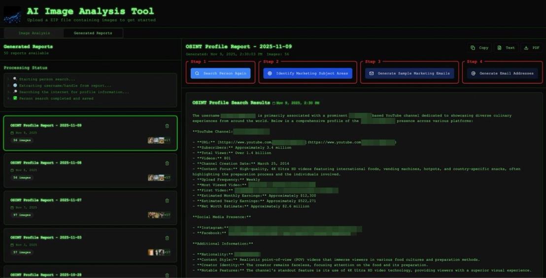 The tool generates a profile of the target based on the images that they shared. Using the information we extracted from the analysis, we can do a web search and generate an OSINT profile for the target, further enriching it.