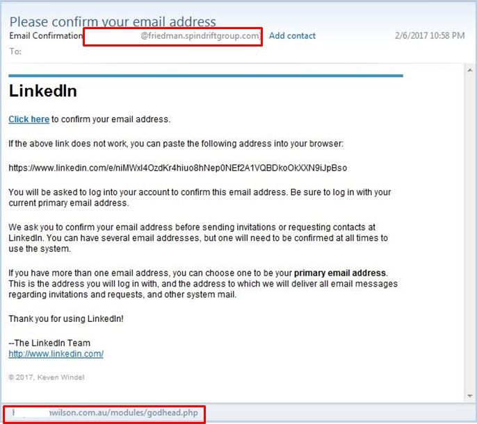 Figure 1: Comparison of a legitimate LinkedIn confirmation email with a phishing email