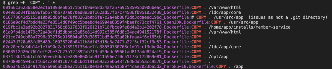 Figure 10. Examples of a leaked Dockerfile copying all folder current content into the image