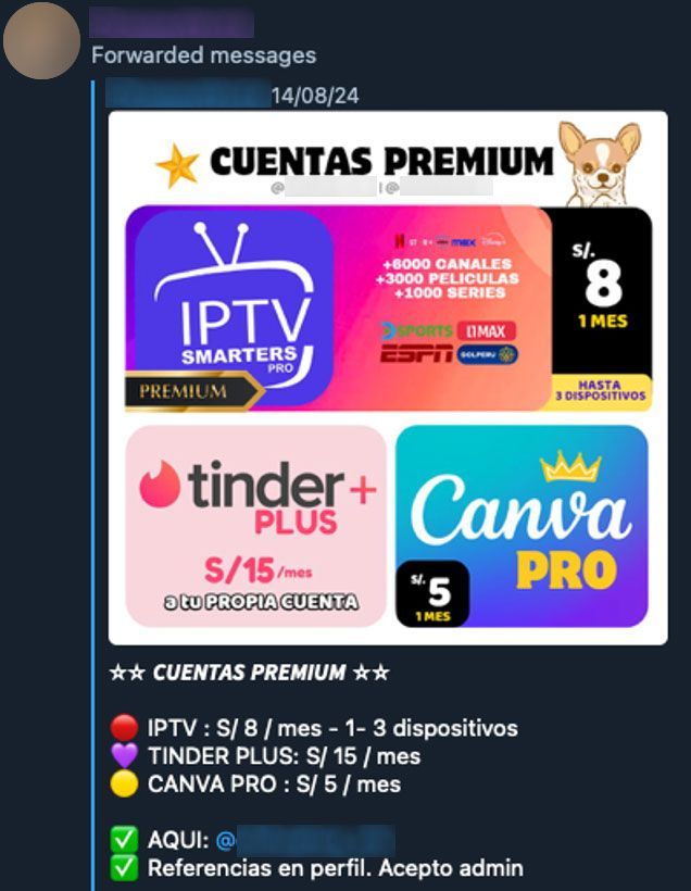 Figure 15. “YAPE FAKE PERU” group offers premium accounts for a reduced price. Prices shown are in Peruvian soles.