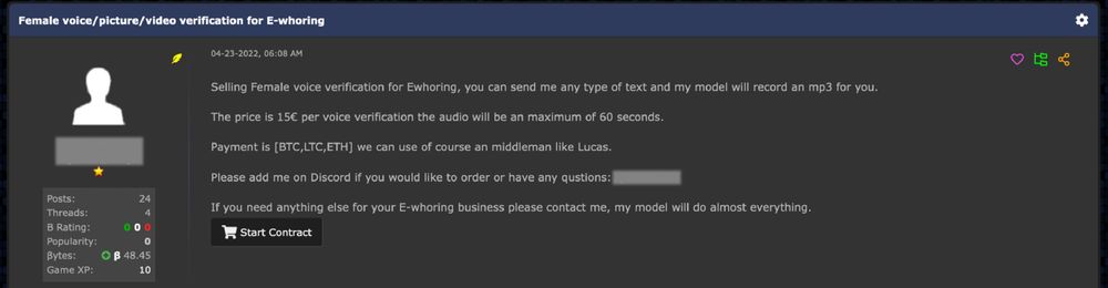 Figure 18. Underground job posting for female voices to use in romance scams
