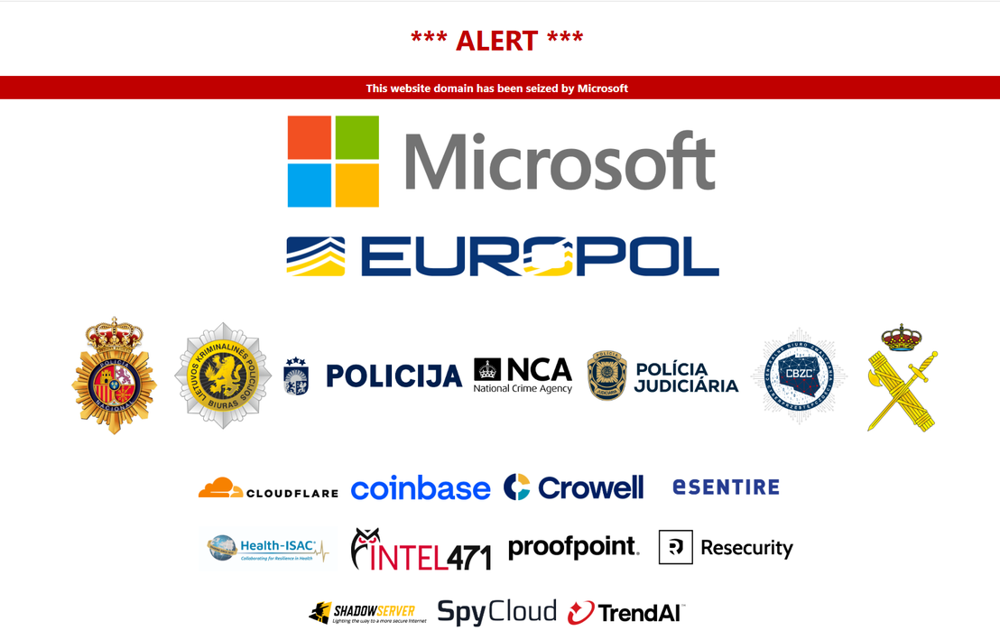Figure 3. The splash screen served to all the criminal customers of the service confirming the seizure of the Tycoon 2FA infrastructure by the collaborative effort of law enforcement agencies and private organizations shown  
