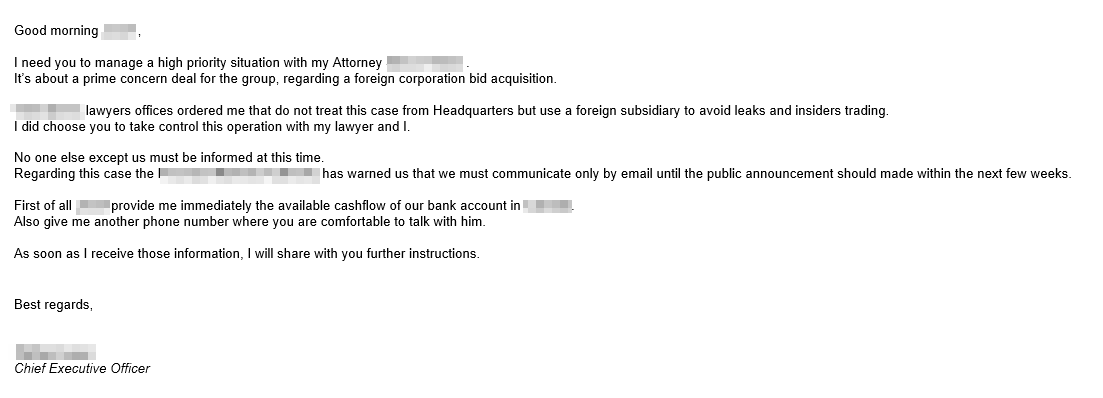 A sample of a BEC email using the acquisition scam detected by Trend Micro Cloud App Security. It seems to be a preliminary email, as no amount is mentioned yet.