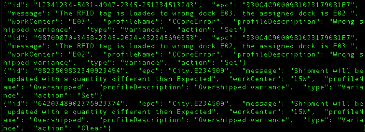 Figure 7. Example of inventory messages