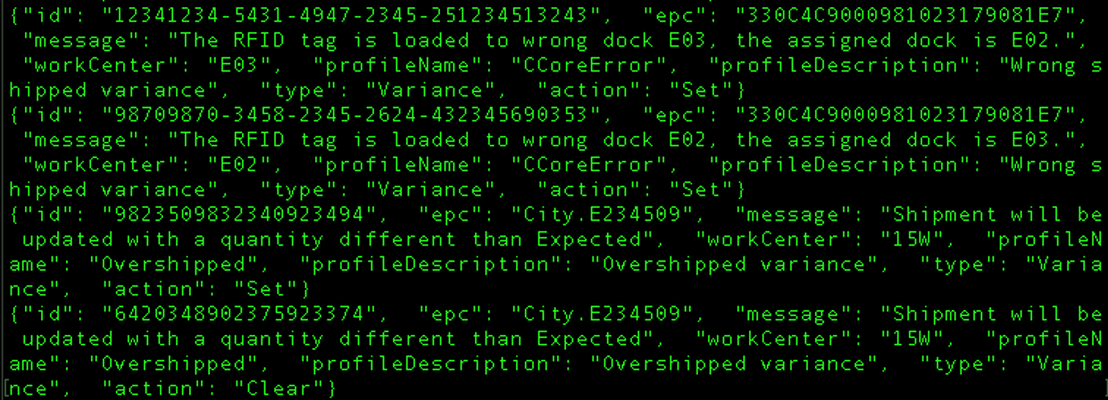 Figure 7. Example of inventory messages