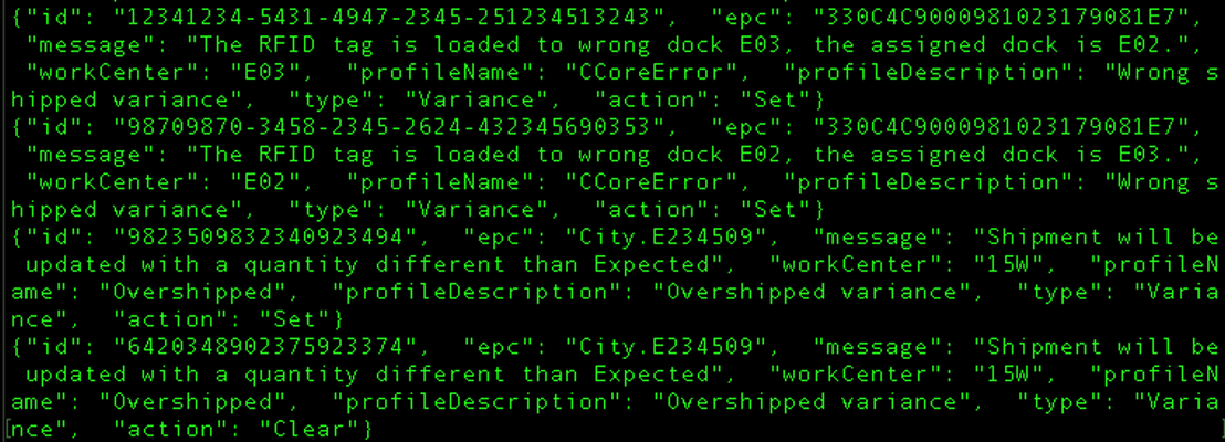 Figure 7. Example of inventory messages