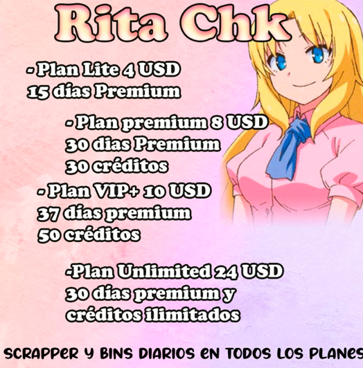 Figure 5. “Rita Chk” bot services advertised on the ccsecretitos bins Telegram channel