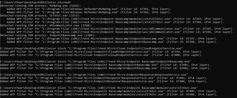 Figure 7. Blocking processes using the complete path of binary of EDR or antivirus