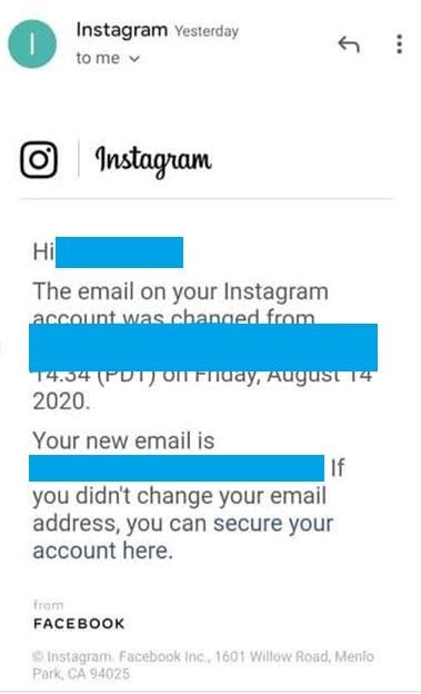 Figure 5. An email informing the user that the email linked to their Instagram account has been changed