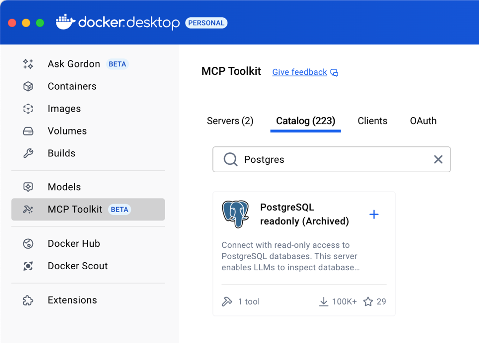 PostgreSQL read-only Docker container on DockerHub with over 100,000K downloads.