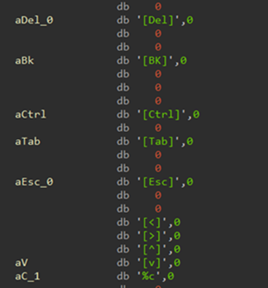Figure 5. Control keys that are being written or logged when pressed, indication of keylogging functionality 