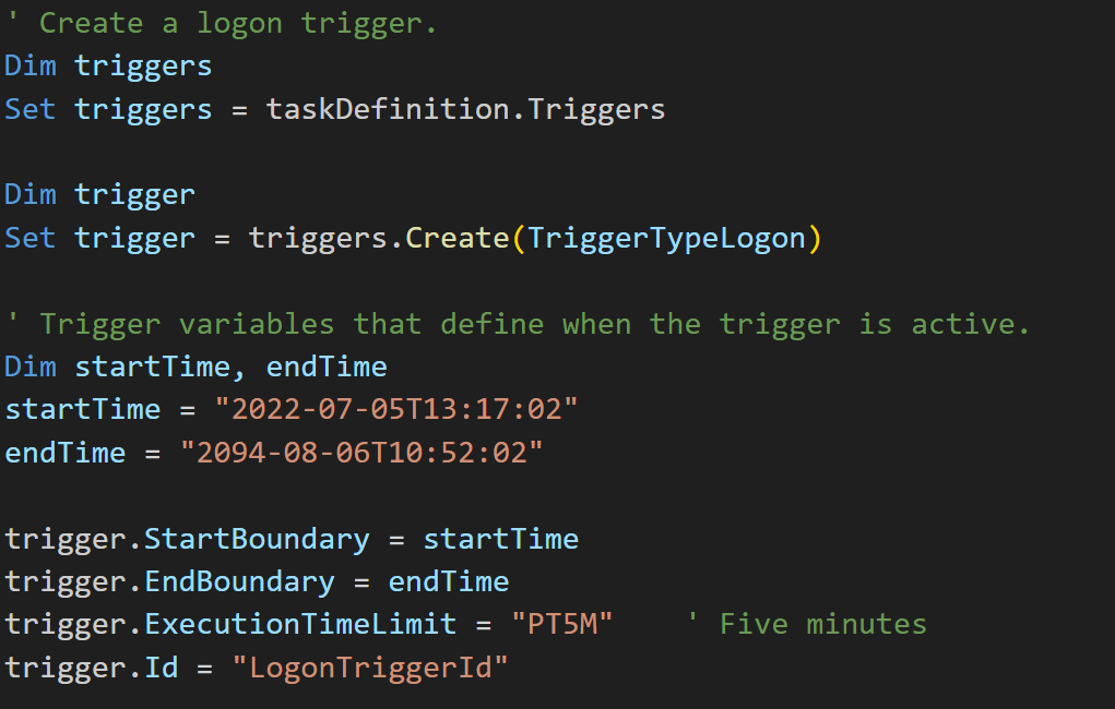 Figure 20. VBScript sets up a scheduled task and configures properties