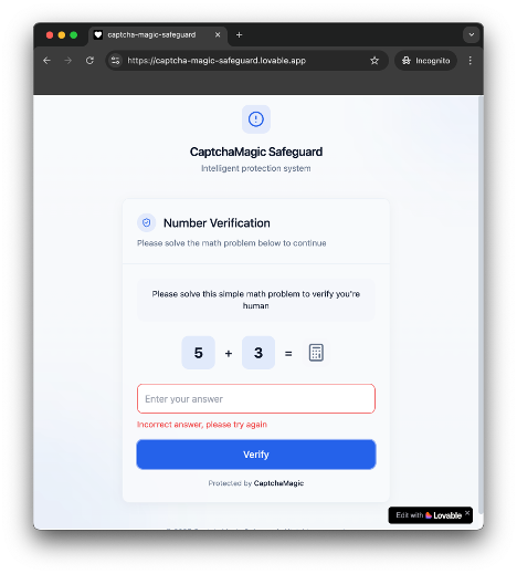 Figure 2. Captcha page does not redirect to the phishing page if the answer is incorrect