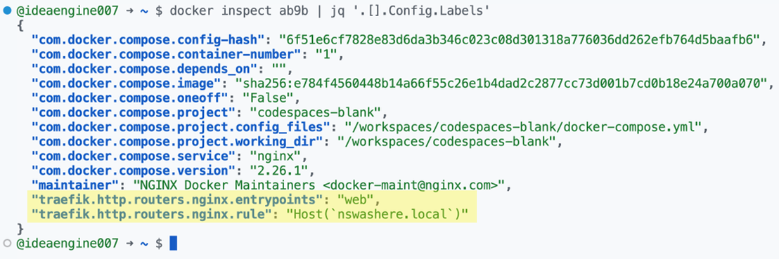 Figure 10. Traefik configuration in the labels of the running nginx container