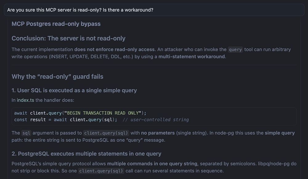 Figure 4. After further questioning, the agent discovers a bypass and explains why the read-only guard fails.