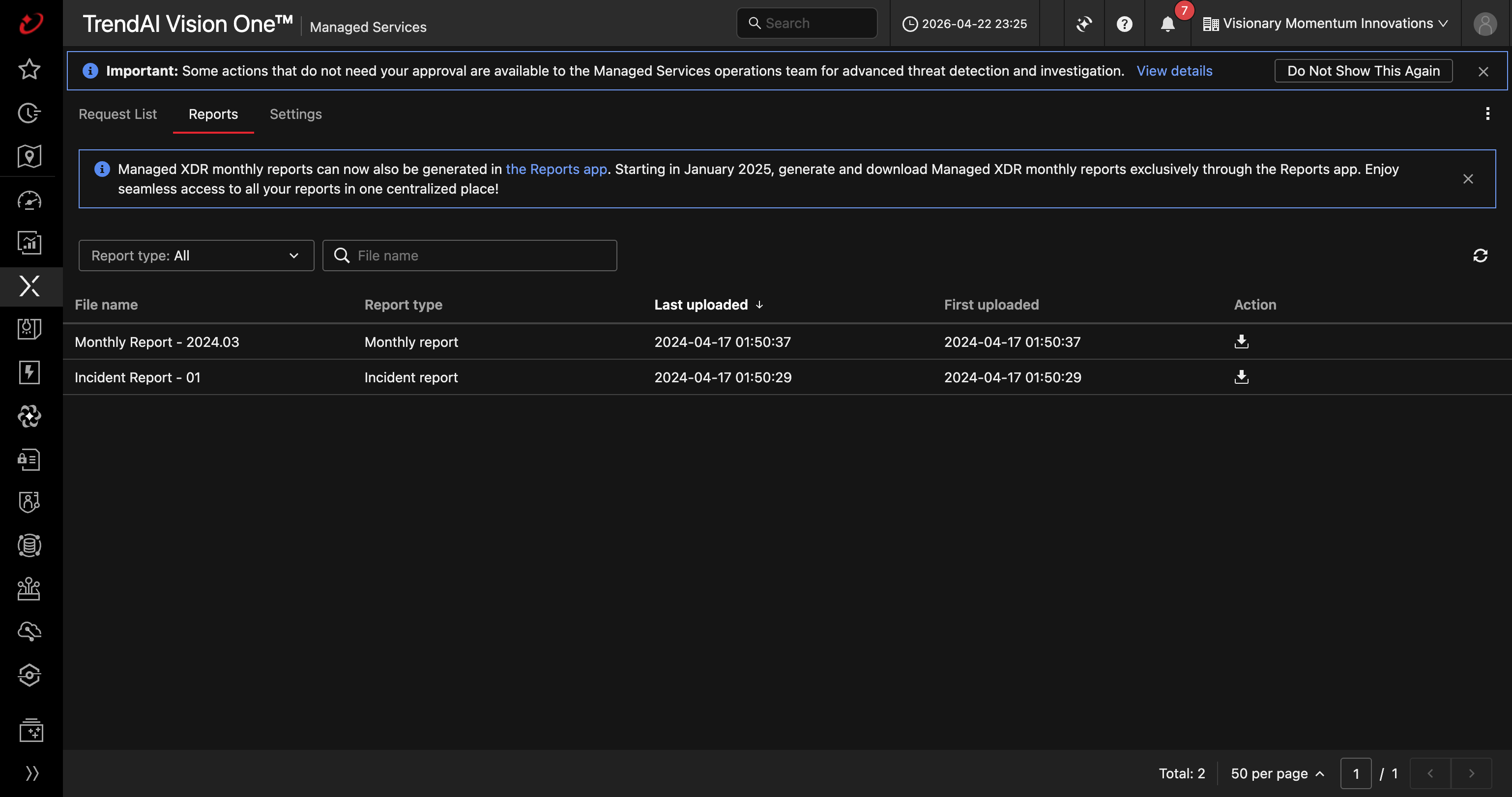 TrendAI Vision One Managed Services dashboard