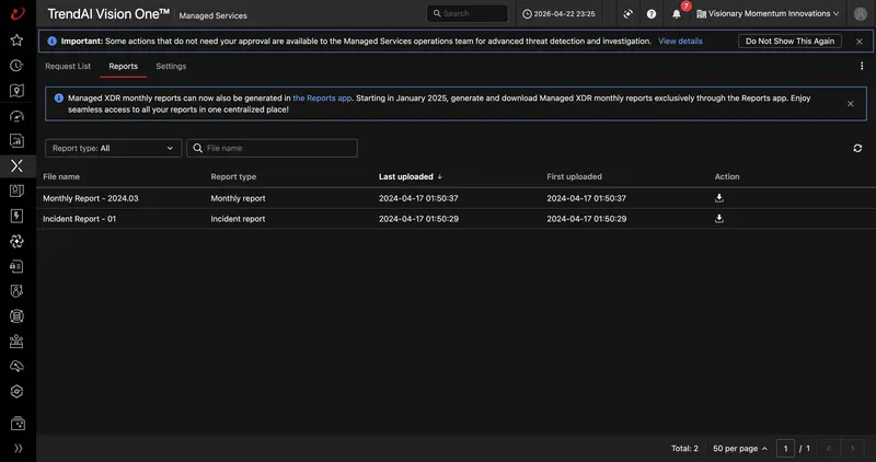 TrendAI Vision One Managed Services dashboard