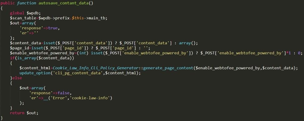 The autosave_contant_data function, which can be used to perform an XSS attack