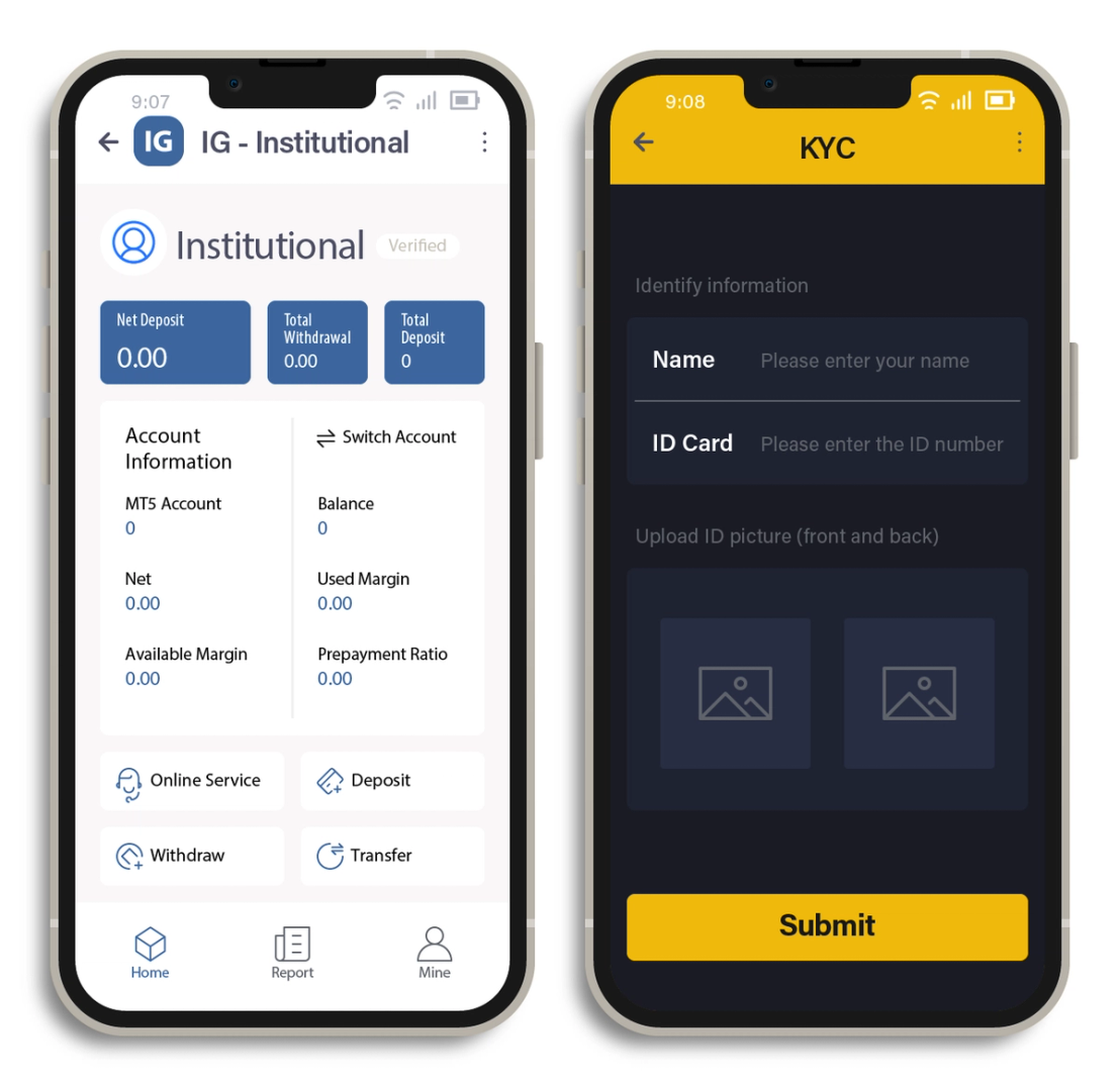 Figure 10. (Left) A fake brokerage mobile application that’s available on Google Play and (right) the KYC verification feature of a fake brokerage site that requires users to upload identification cards