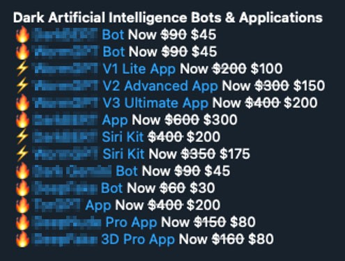 Figure 2. Dark market offering of Criminal LLMs and Deepfake creation tools 