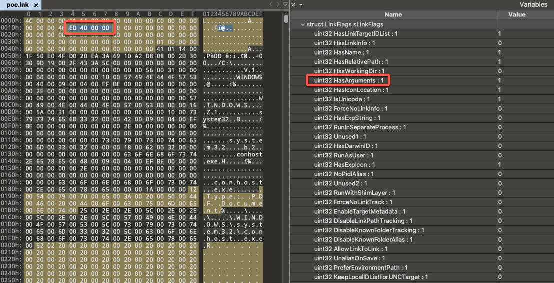 Highlighted LinkFlags and HasArguments flag pointing to the presence of COMMAND_LINE_ARGUMENTS StringData structure