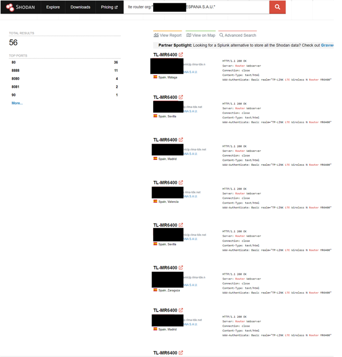 Figure 1. Shodan search results for the keyword “LTE,” filtered for a telco