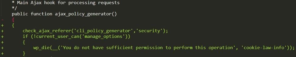 Check added to the ajax_policy_generator function to patch the access control vulnerability