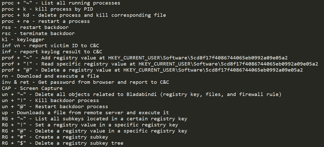 Figure 7. The backdoor capabilities of the BLADABINDI variant