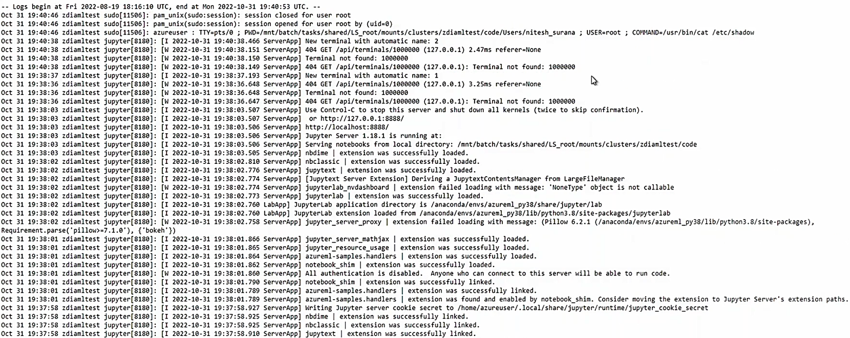 Figure 9. Viewing Jupyter service logs from Azure VM on CI