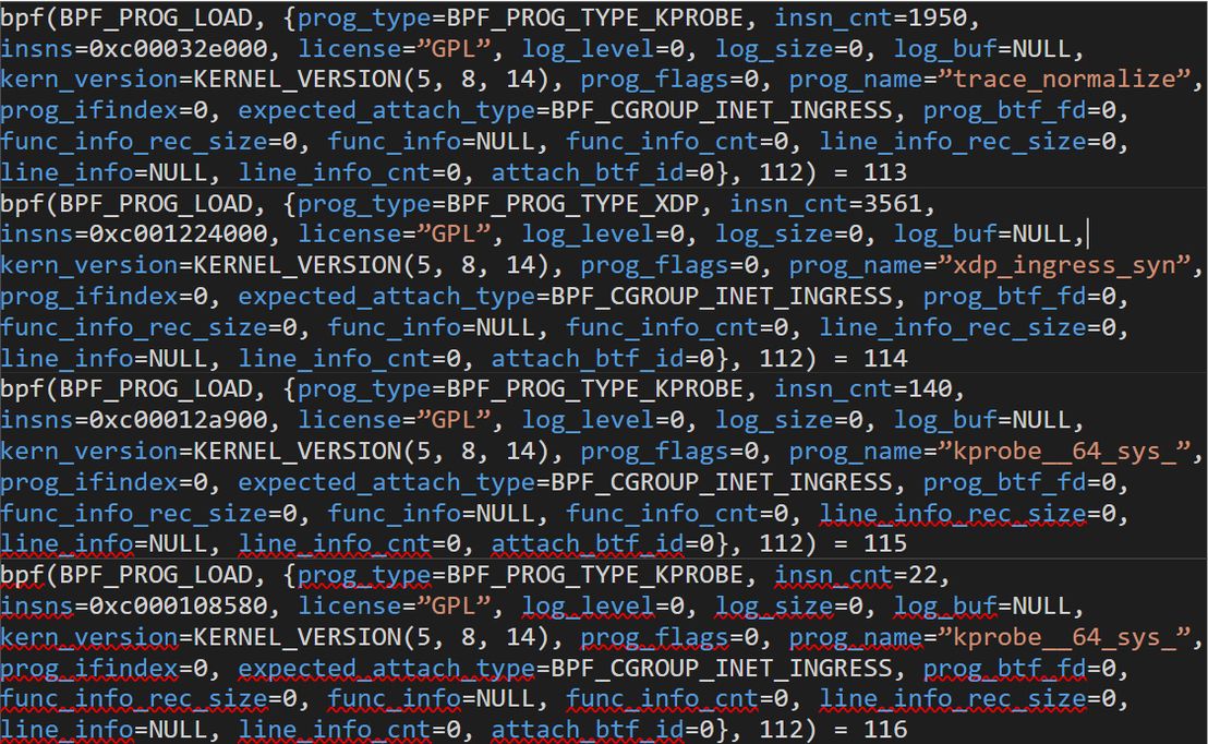 Figure 2. Sample calls to “SYS_bpf” done by ebpfkit 