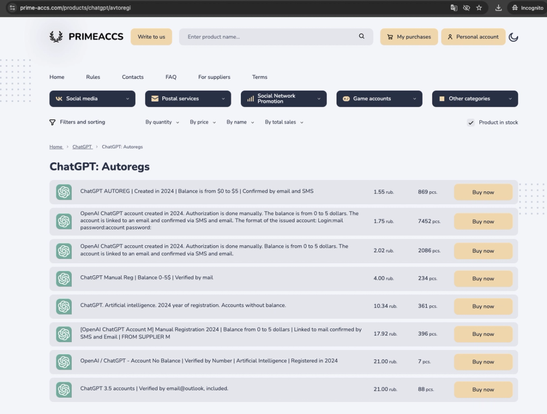 Stolen ChatGPT accounts priced in Russian ruble (as little as $US 0.02 per account)