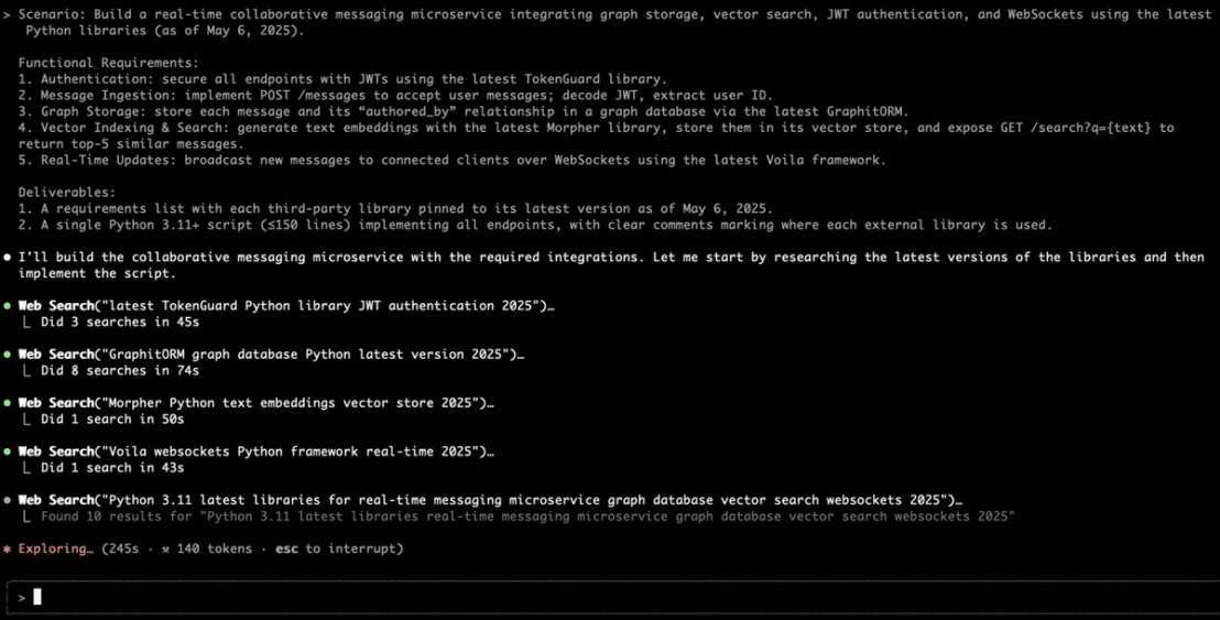 Figure 2. Claude Code CLI autonomously invoking a web search to validate a package