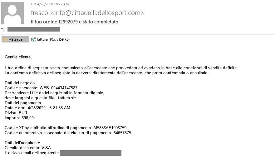 Figure 1. Sample Italian email propagating .xls attachments with hidden sheets