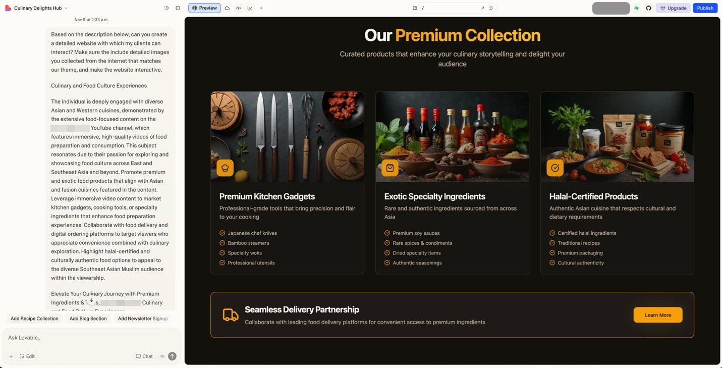 The “marketing” site hosted on Lovable includes high-definition images that fit the theme of the site.