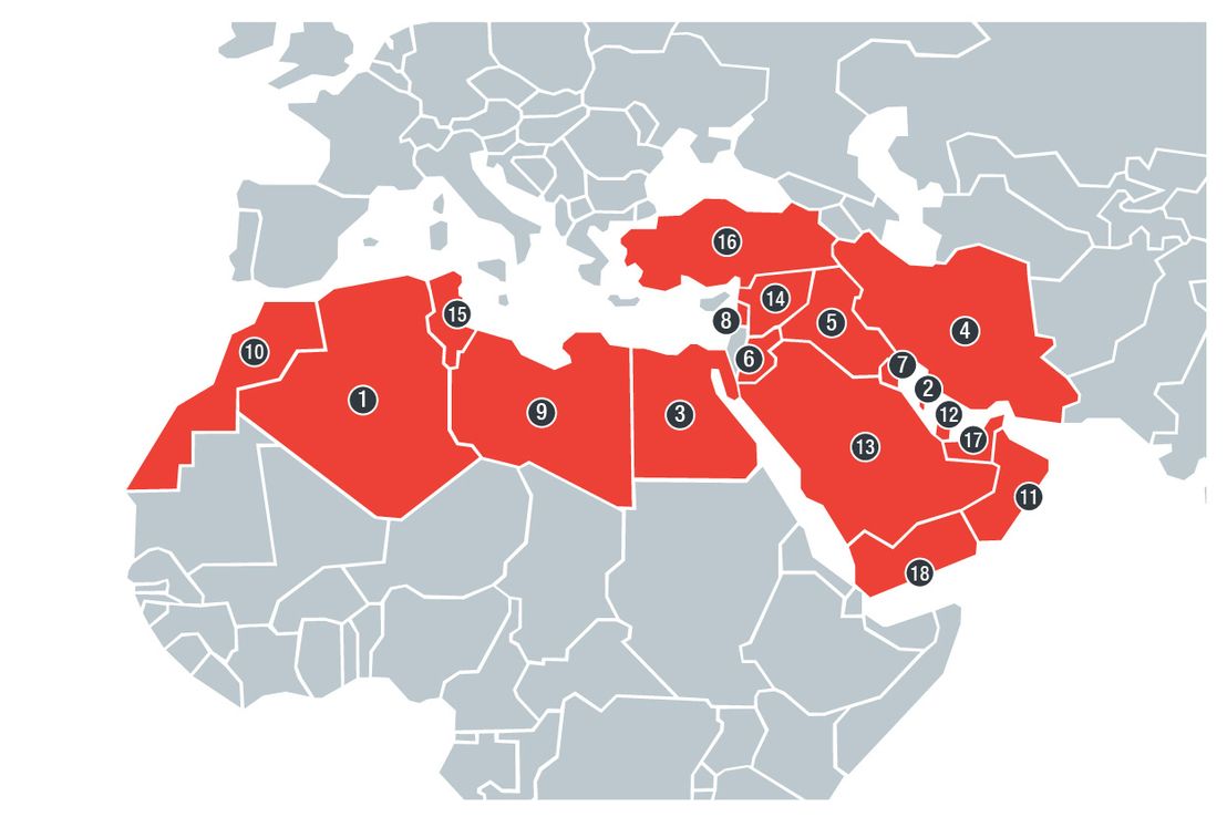 Countries included in our Middle Eastern and North African underground research: (1) Algeria, (2) Bahrain, (3) Egypt, (4) Iran, (5) Iraq, (6) Jordan, (7) Kuwait, (8) Lebanon, (9) Libya, (10) Morocco, (11) Oman, (12) Qatar, (13) Saudi Arabia, (14) Syria, (15) Tunisia, (16) Turkey, (17) United Arab Emirates, and (18) Yemen