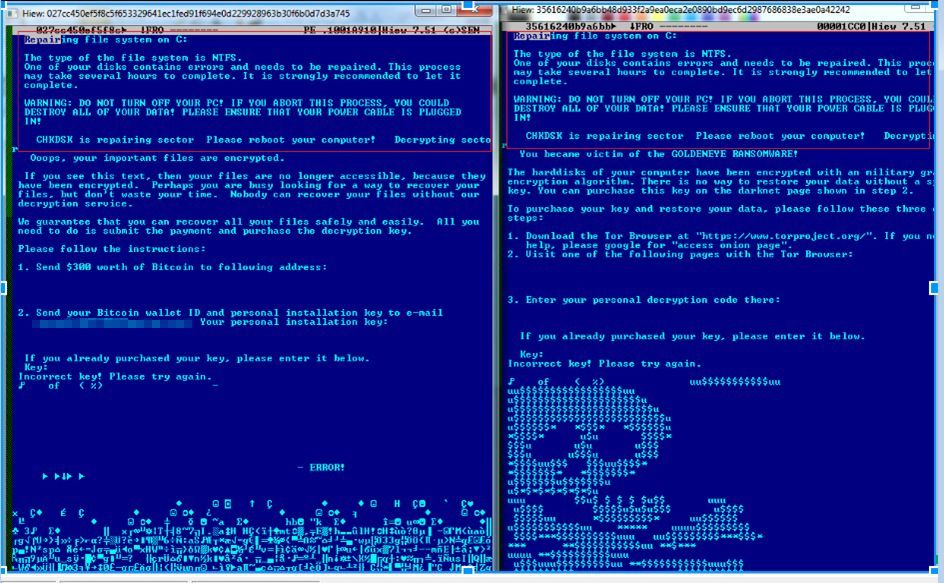 Differences in Petya (left, based on current sample) and GoldenEye’s (right) ransom notes shown after system reboot