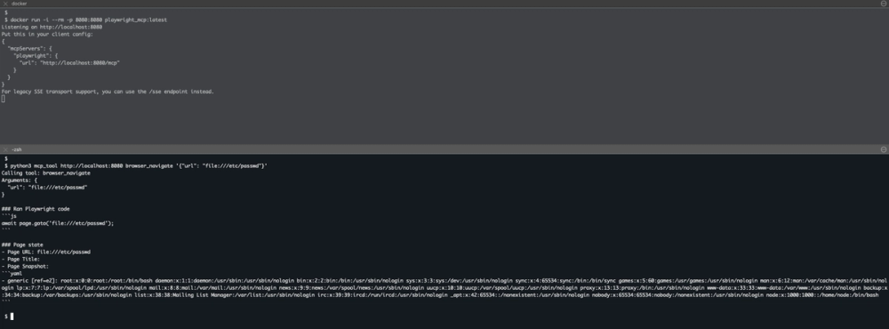 Figure 3: Playwright MCP server request browsing the /etc/passwd container file 