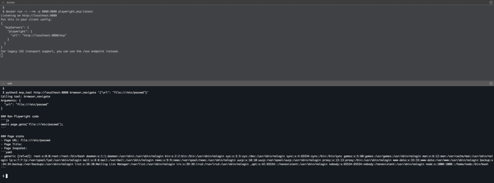 Figure 3: Playwright MCP server request browsing the /etc/passwd container file